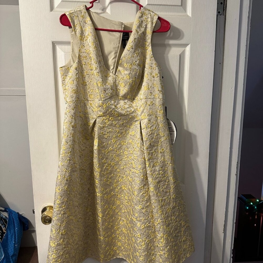 Adrianna Papell Yellow and Cream Brocade Fit & Flare Dress